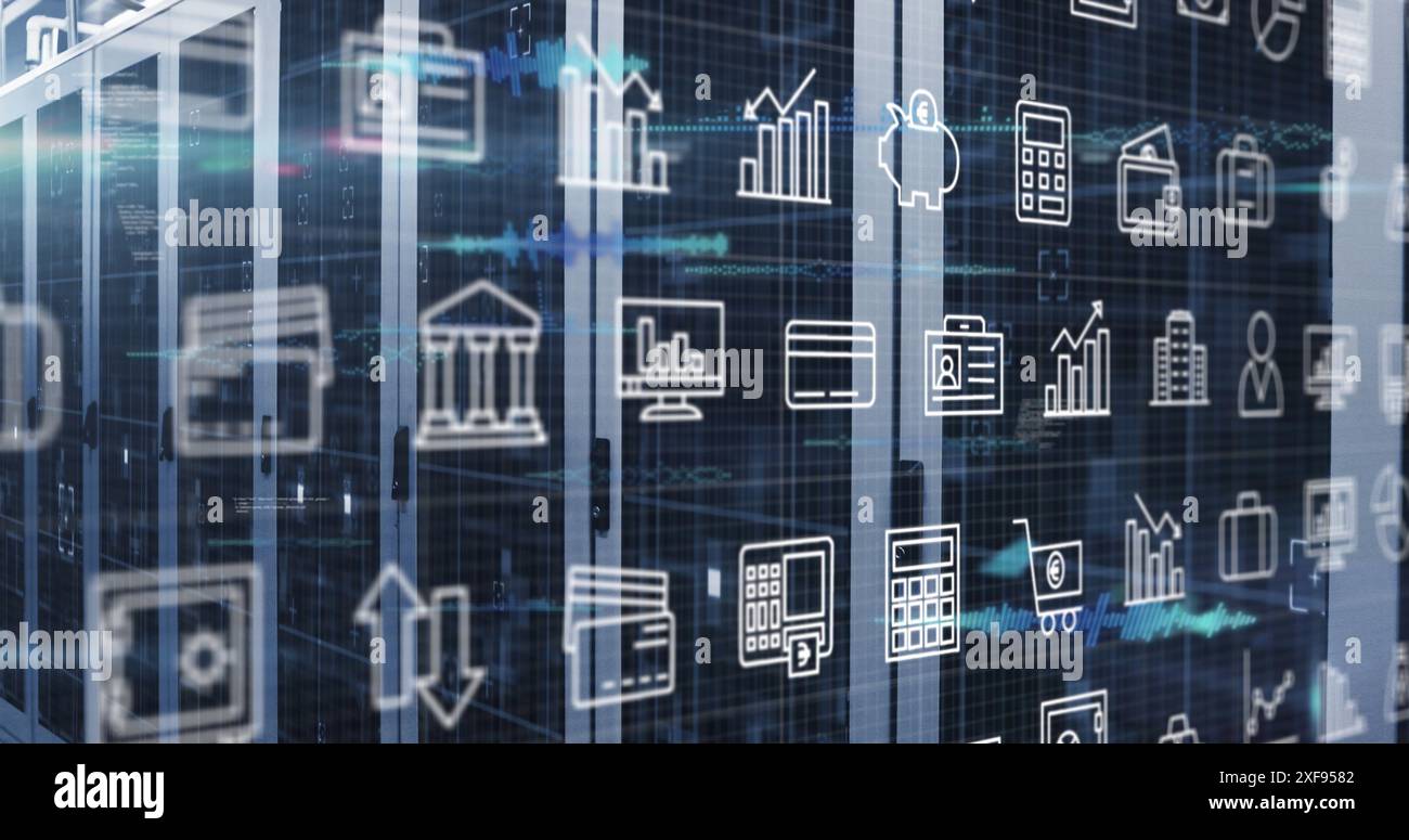Image of multiple icons with lens flares over data server racks in ...