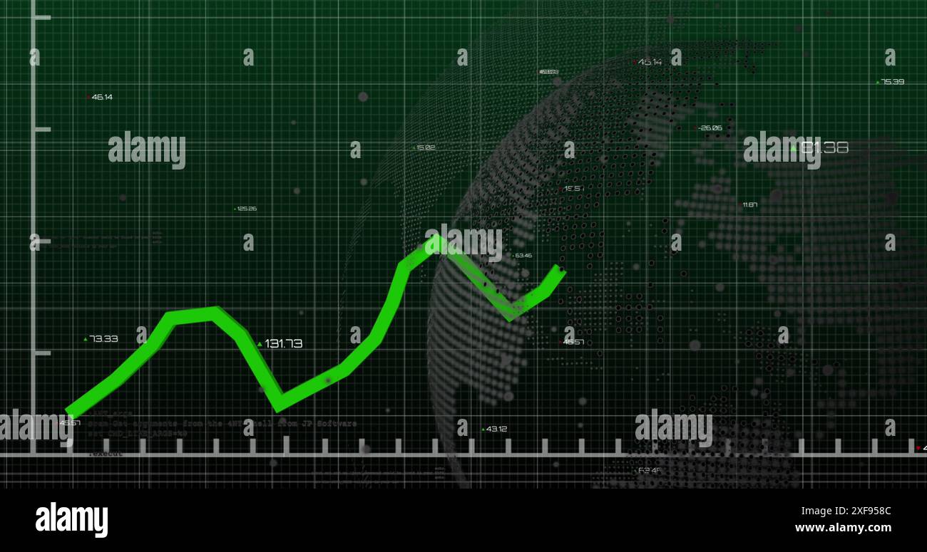Image of graphs with changing numbers over computer language and globe on abstract background Stock Photo