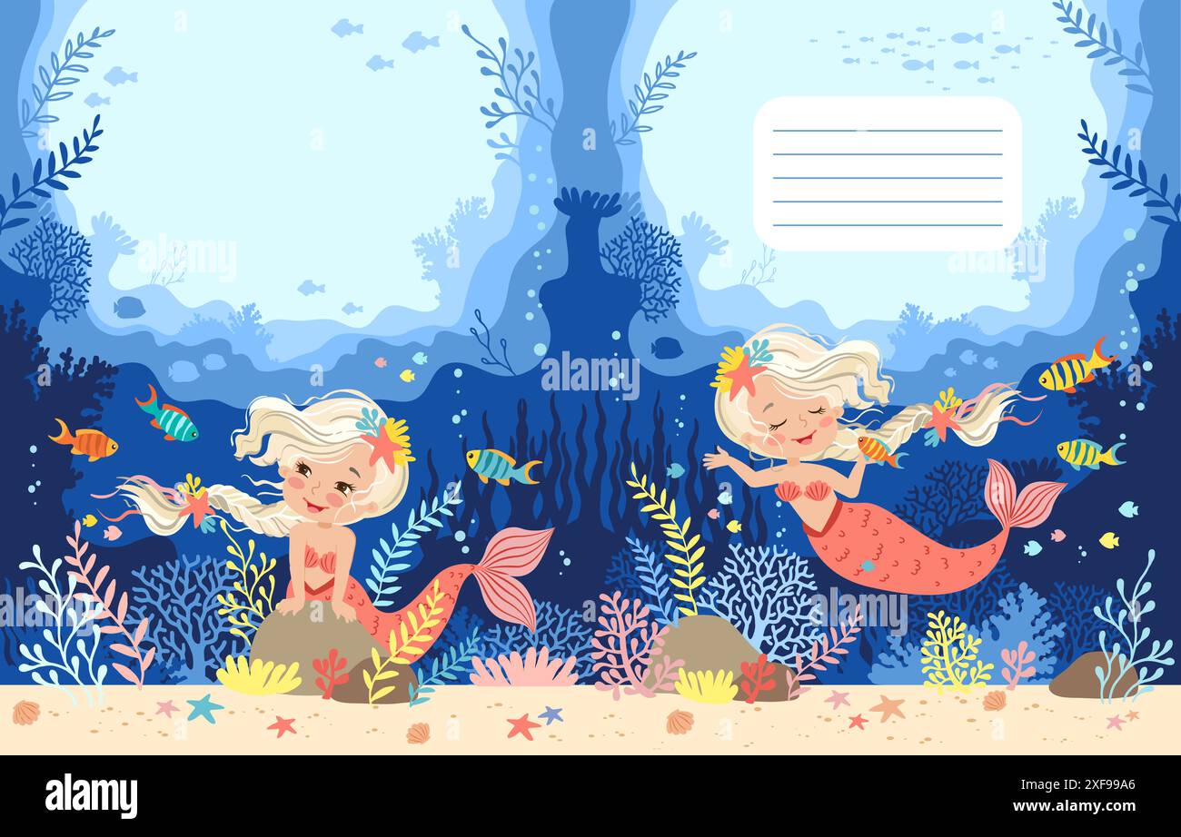 Hand drawn vector illustration of a beautiful mermaid girl with a