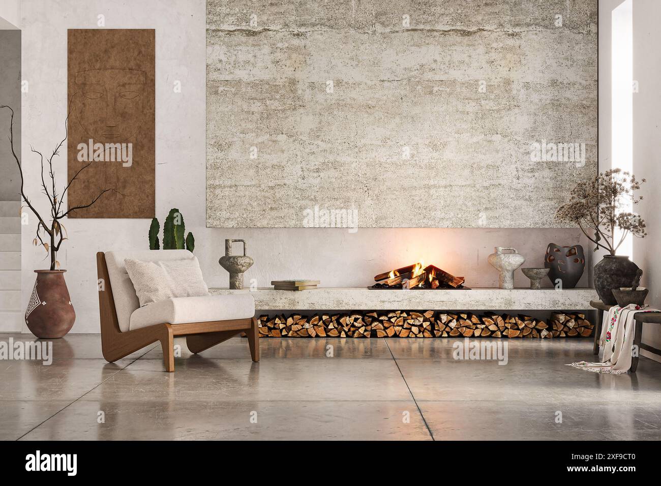 Fireplace Styles インテリア　洋書 Wabi sabi style interior with rustic fireplace and white