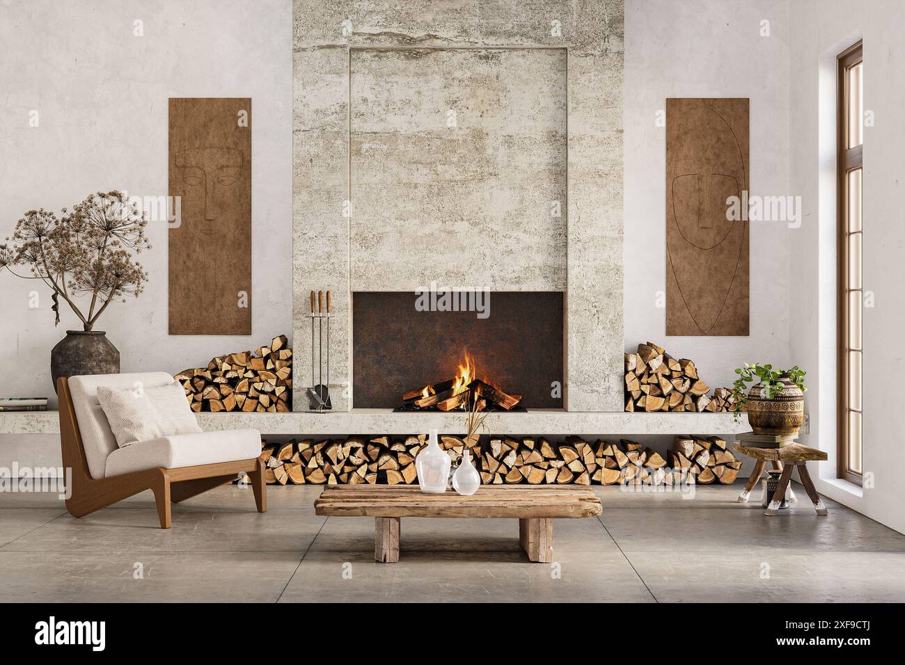 Wabi sabi style interior with rustic fireplace and white