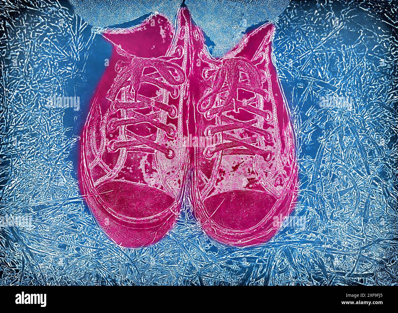 Abstract blue background with feet in pink bright sneakers Stock Photo ...