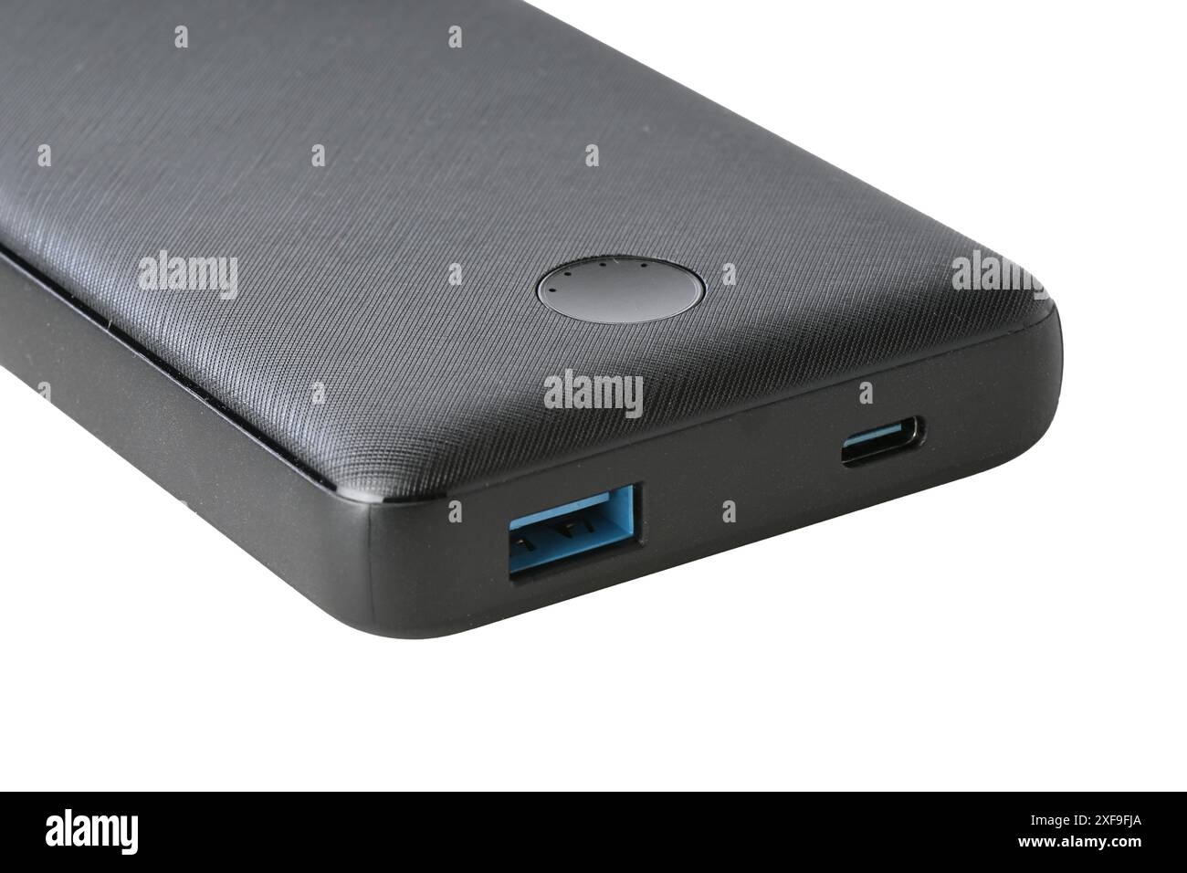 Black powerbank with usb port and usb c port on white background Stock ...