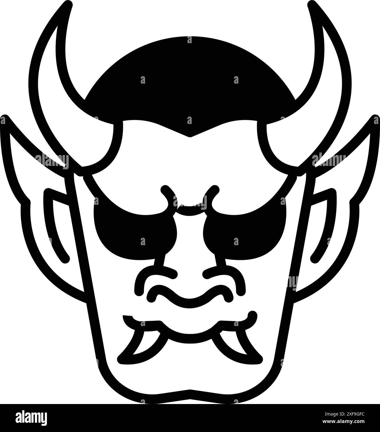 A black and white drawing of a demon with horns and a mask. The demon has a menacing look on his face and is holding a cup Stock Vector