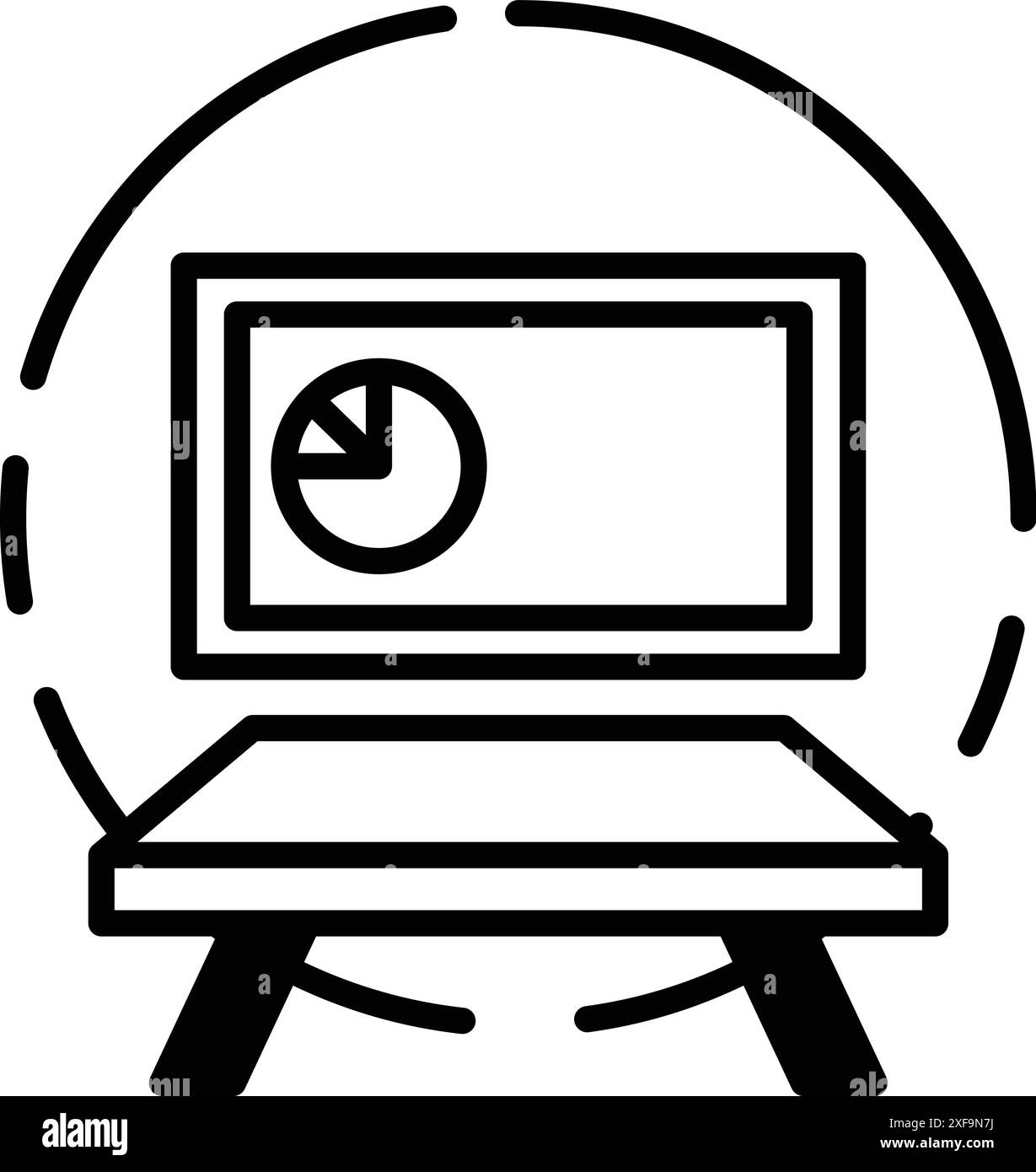 A black and white drawing of a computer monitor with a pie chart on it. The pie chart is divided into three sections, with the middle section being th Stock Vector