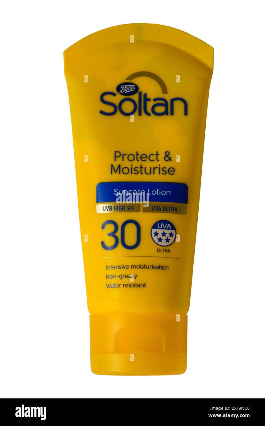 bottle of Boots Soltan protect & moisture SPF factor 30 suncare lotion suntan lotion isolated on