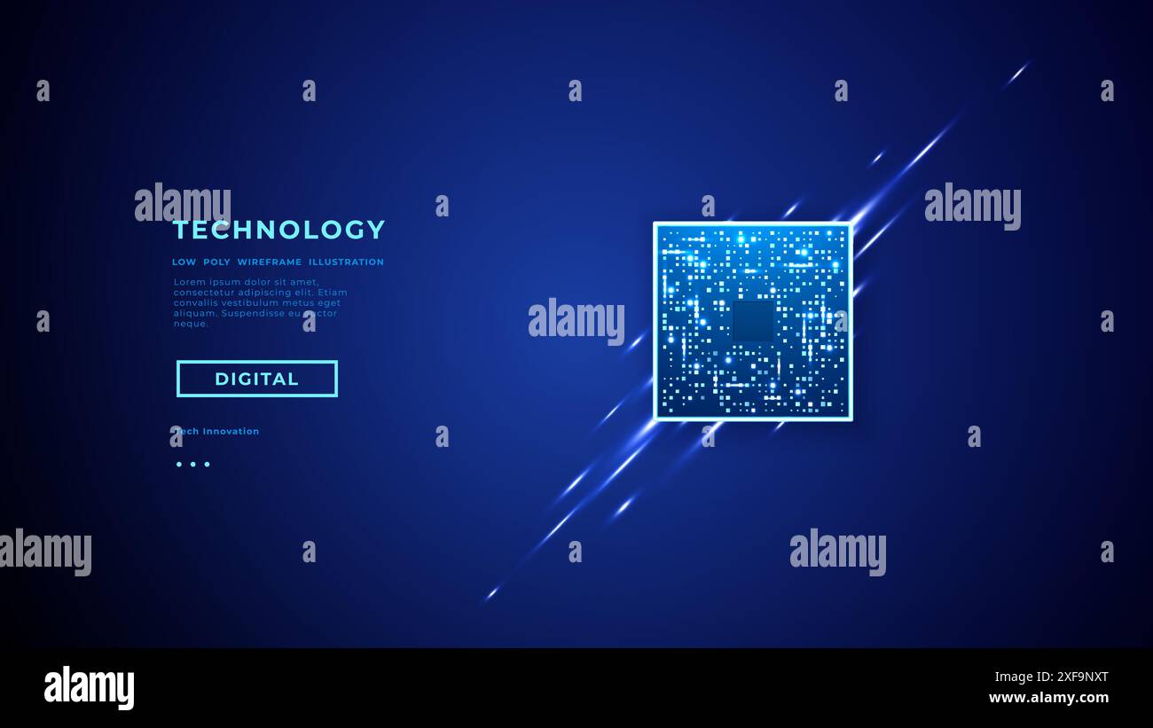 Chip with brightly glowing pixels. Abstract digital CPU processor  Stock Vector