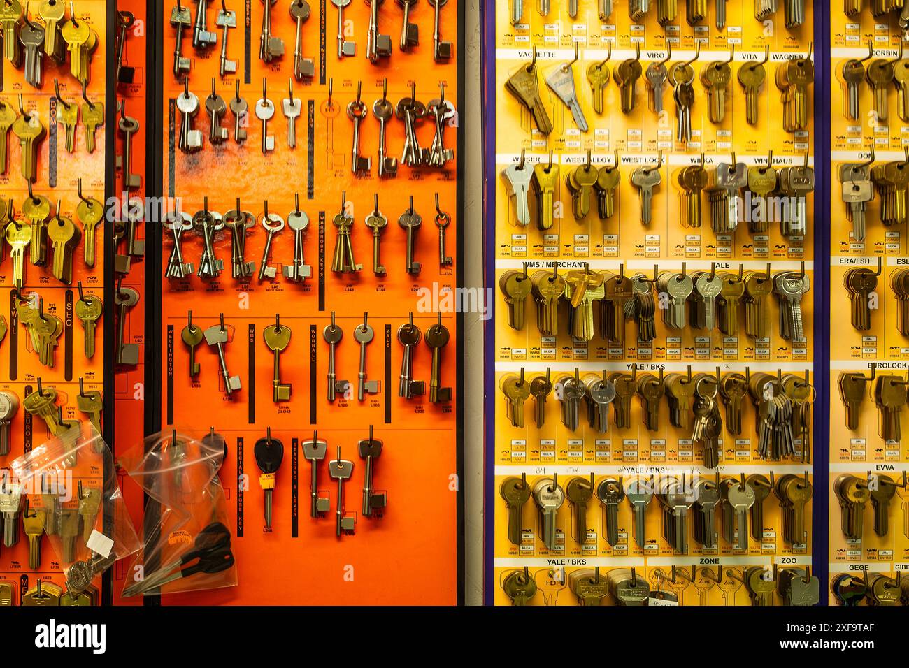 Key blanks on display in an independent DIY trade centre shop store in Cornwall in the UK. Stock Photo