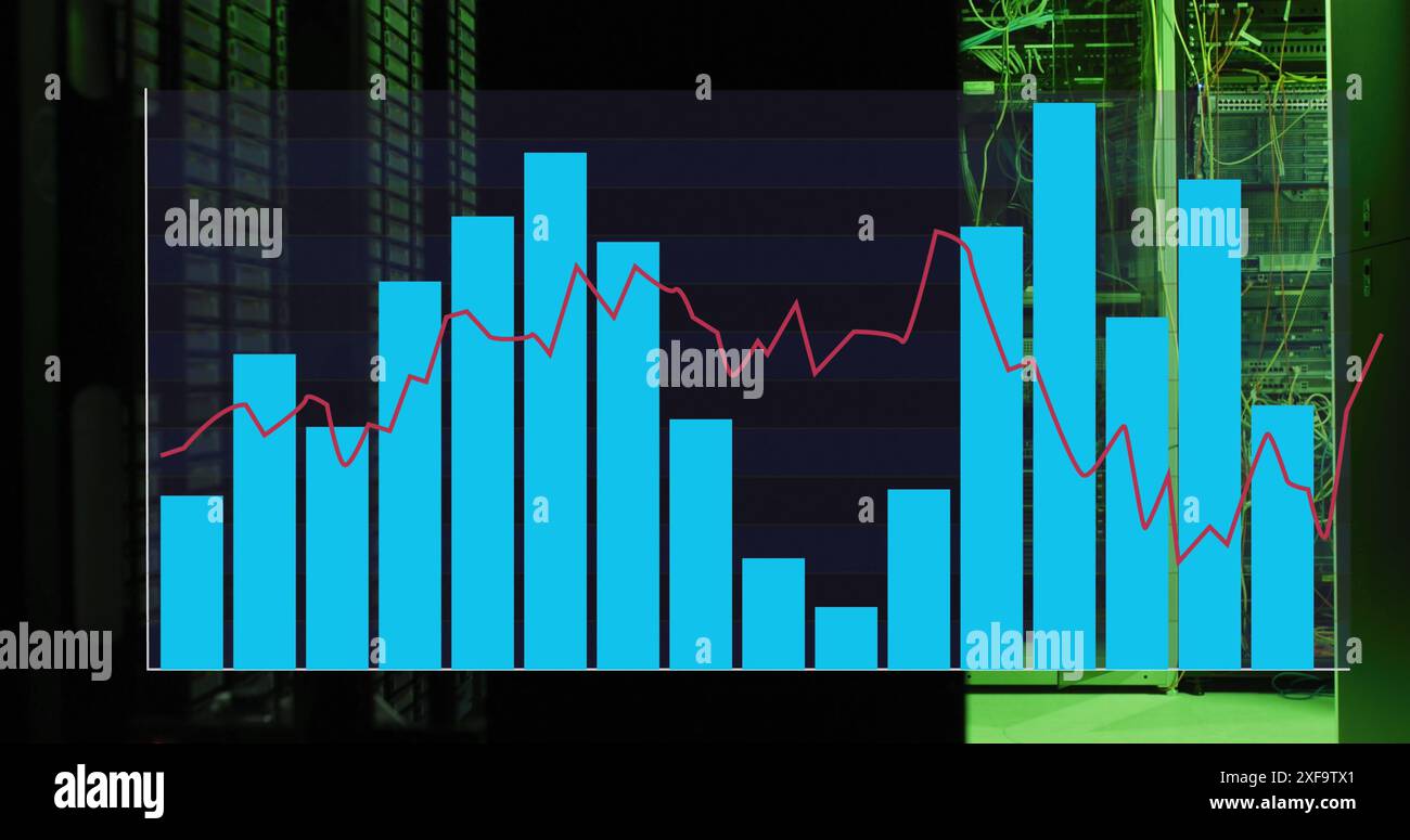 Image of statistical data processing against computer server room Stock ...