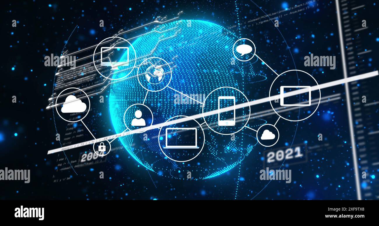 Image of interface with data processing and network of digital icon ...