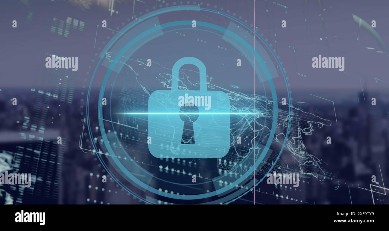 Image of security padlock icon and interface with data processing ...
