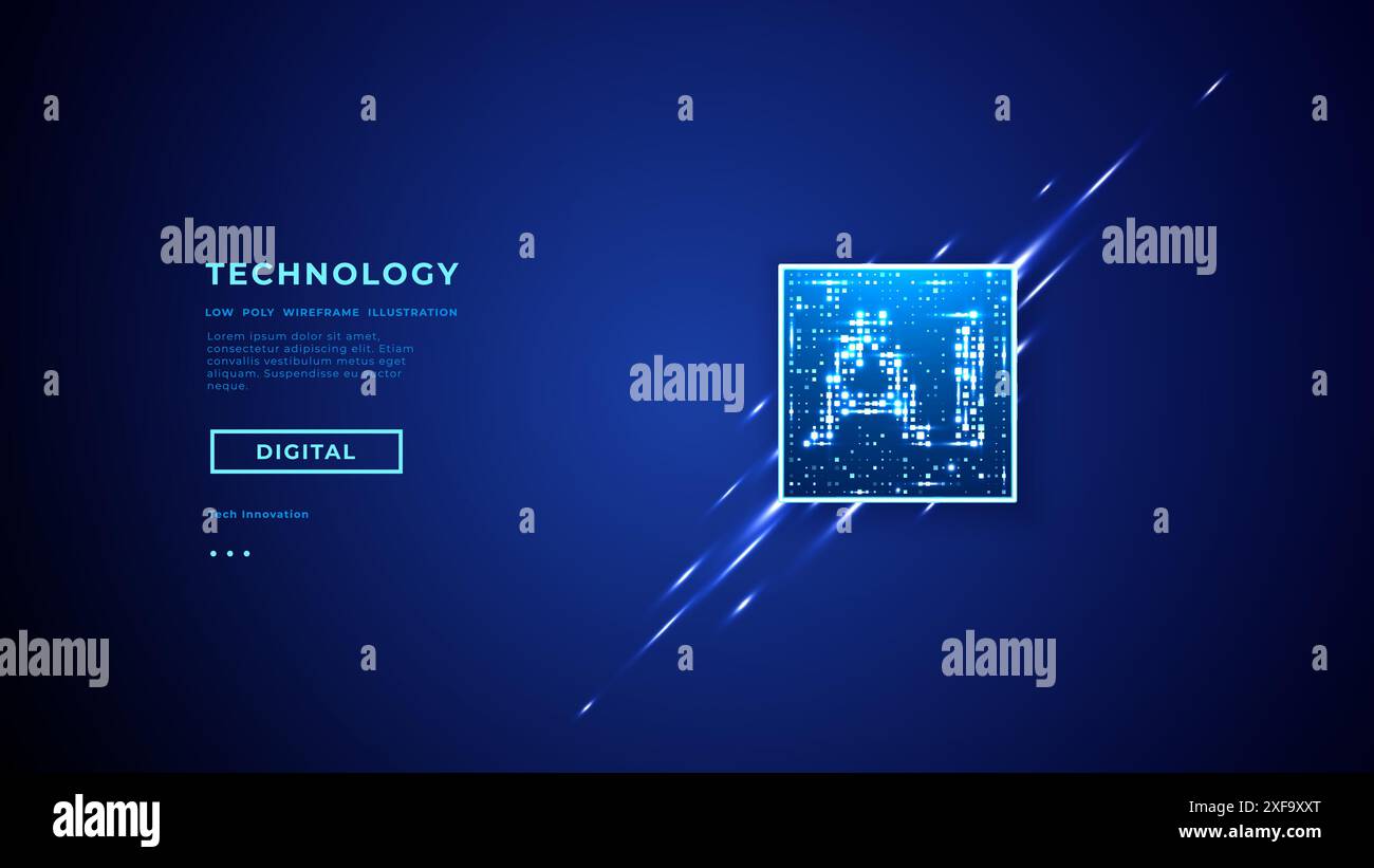 Abstract digital AI chip with brightly glowing pixels  Stock Vector