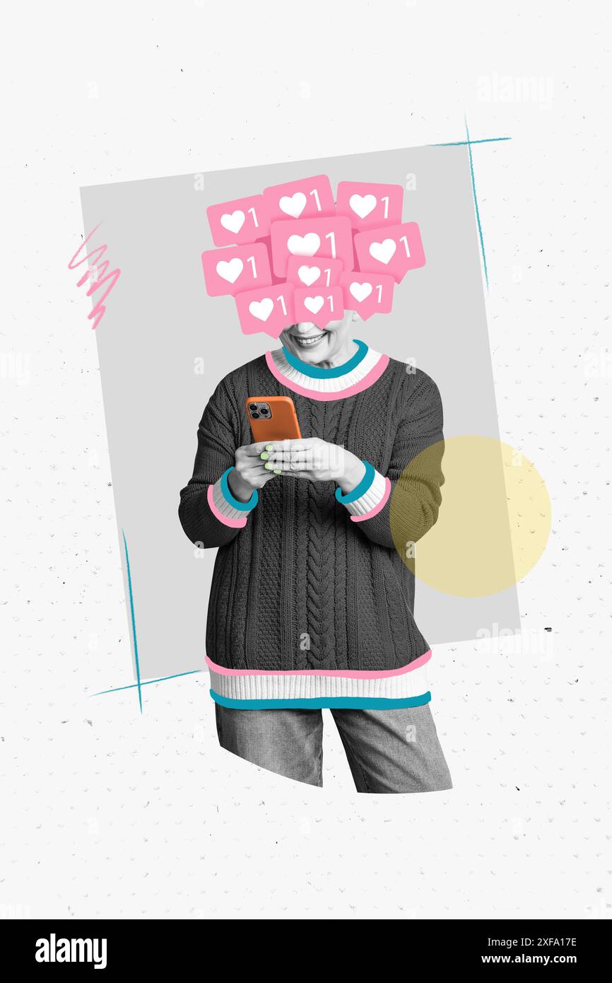 Vertical photo collage of happy girl blogger thumb up like instead head ...