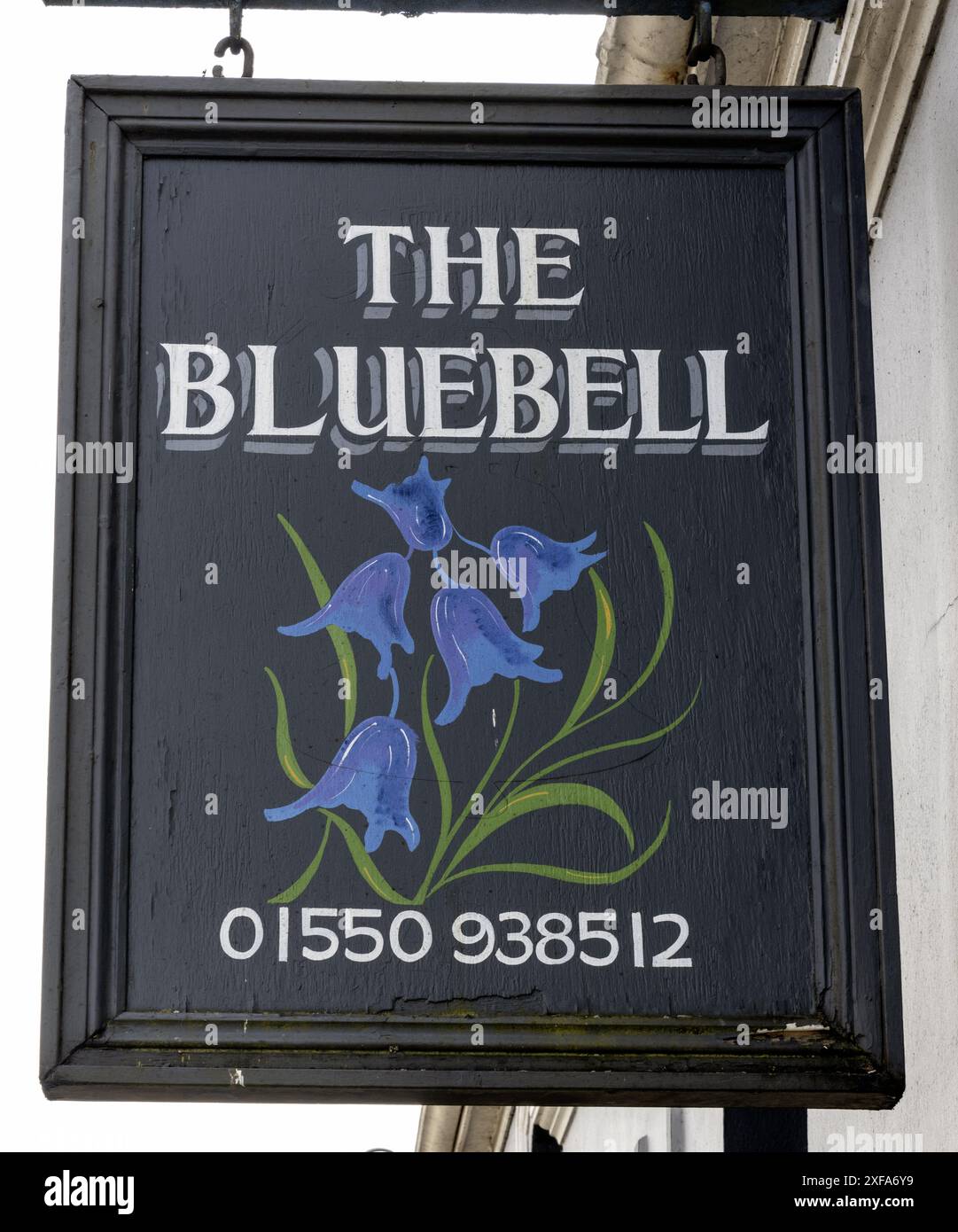 Traditional hanging pub sign at The Blue Bell Inn - public house - High Street, Llandovery, Carmarthenshire, Wales, UK Stock Photo