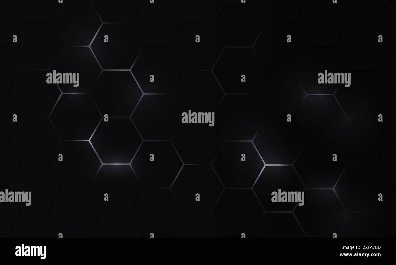 Black hexagon abstract technology background with white bright flashes ...