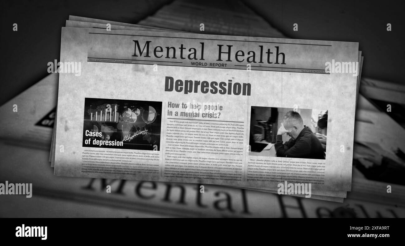 Depression mental health vintage news and newspaper printing. Abstract concept retro headlines 3d illustration. Stock Photo