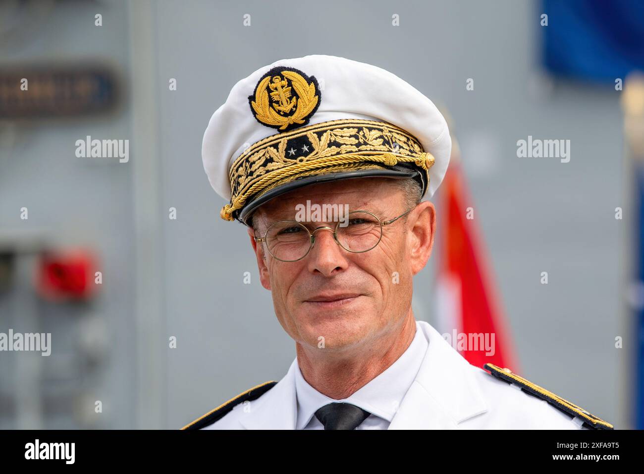 Toulon, France. 01st July, 2024. Portrait of Rear Admiral Yannick Bossu seen during the ceremony. Command of NATO's Standing Maritime Group 2 (SNMG2) was handed over to Rear Admiral Matthew D. Coates of the Royal Canadian Navy by Rear Admiral Yannick Bossu at a ceremony aboard the French Batiment de Commandement et Ravitaillement (BCR) Somme, presided over by Vice-Admiral Didier Malaterre, Deputy Commander NATO Allied Maritime Command (MARCOM). (Photo by Laurent Coust/SOPA Images/Sipa USA) Credit: Sipa USA/Alamy Live News Stock Photo