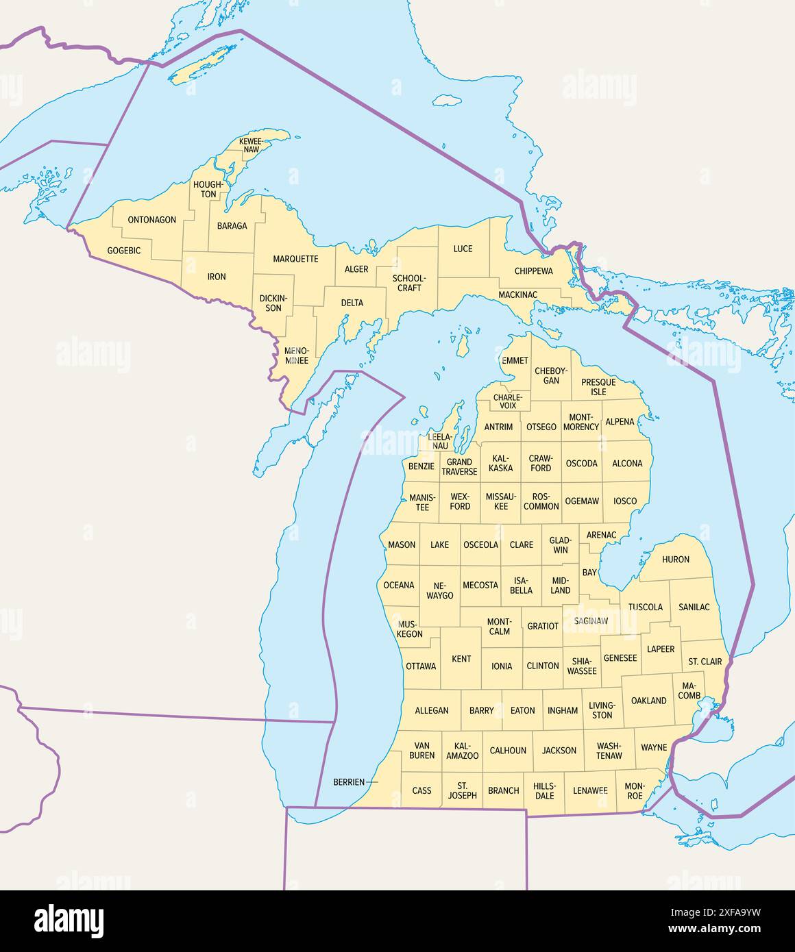 Midwest States Map Coloring Page Michigan Counties Political Map A State In The Great Lakes Region Of The Upper Midwest Of The United States Subdivided Into 83 Counties 2XFA9YW