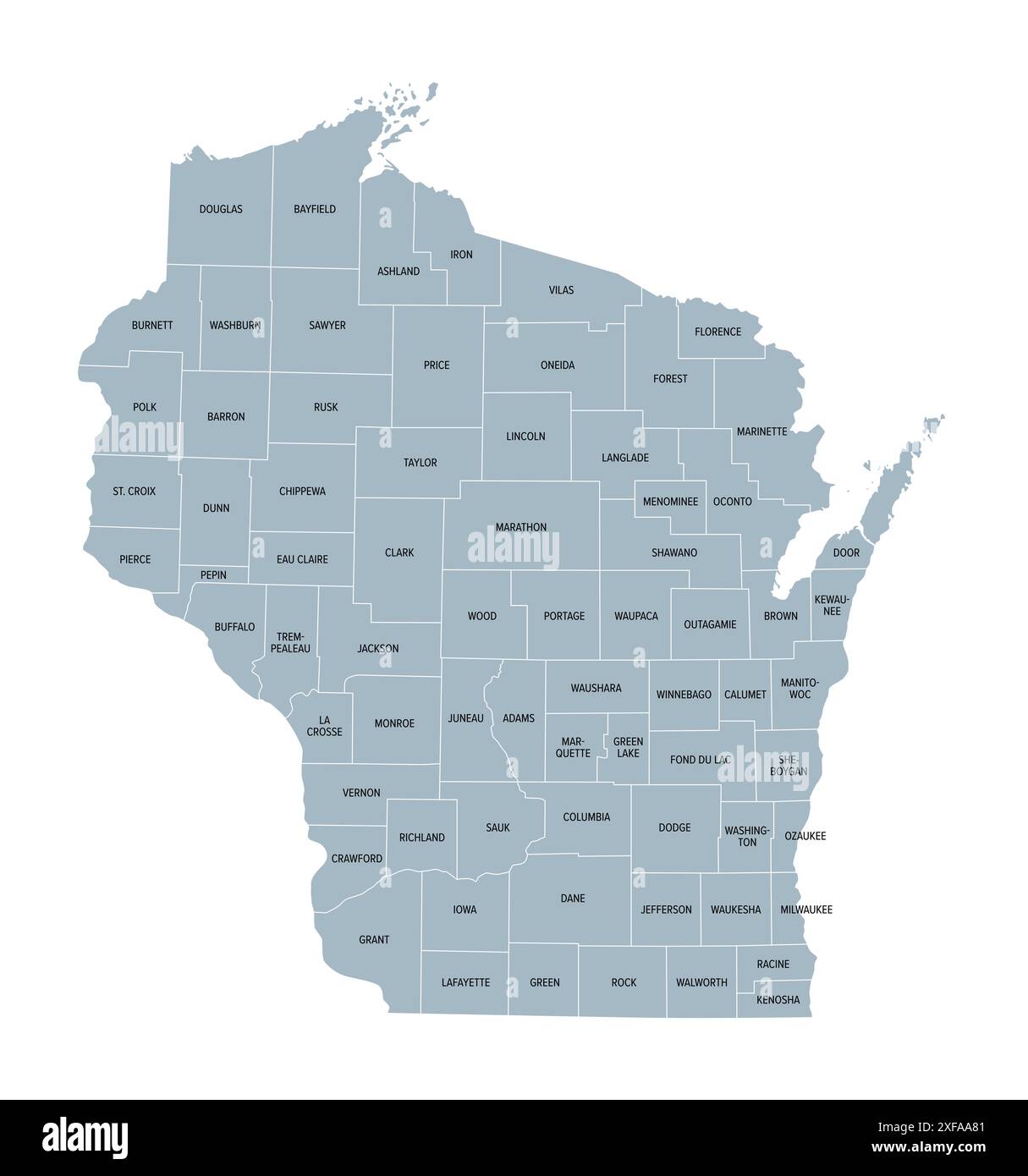 Wisconsin counties, gray political map. A state in the Great Lakes ...