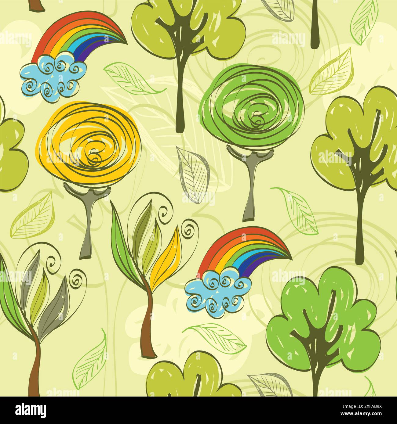 hand drawn seamless pattern with trees and rainbow Stock Vector Image ...