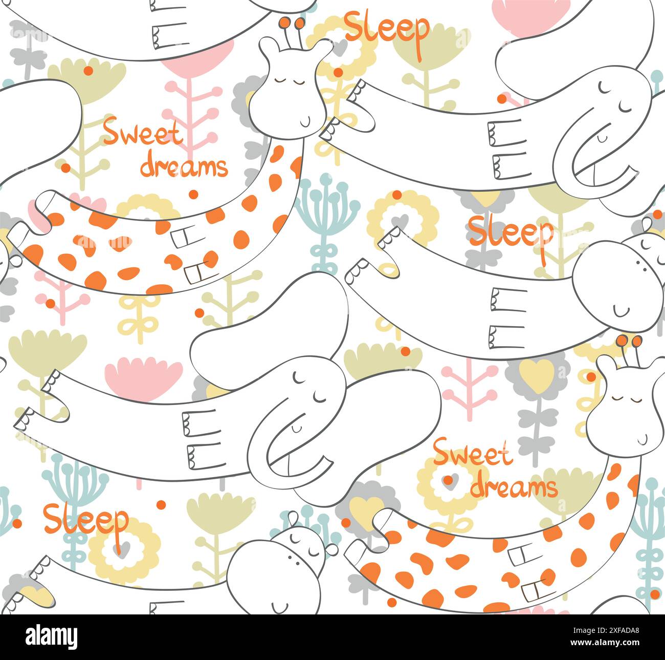 Cartoon Sleeping animals. Cute Hand Drawn seamless pattern Stock Vector