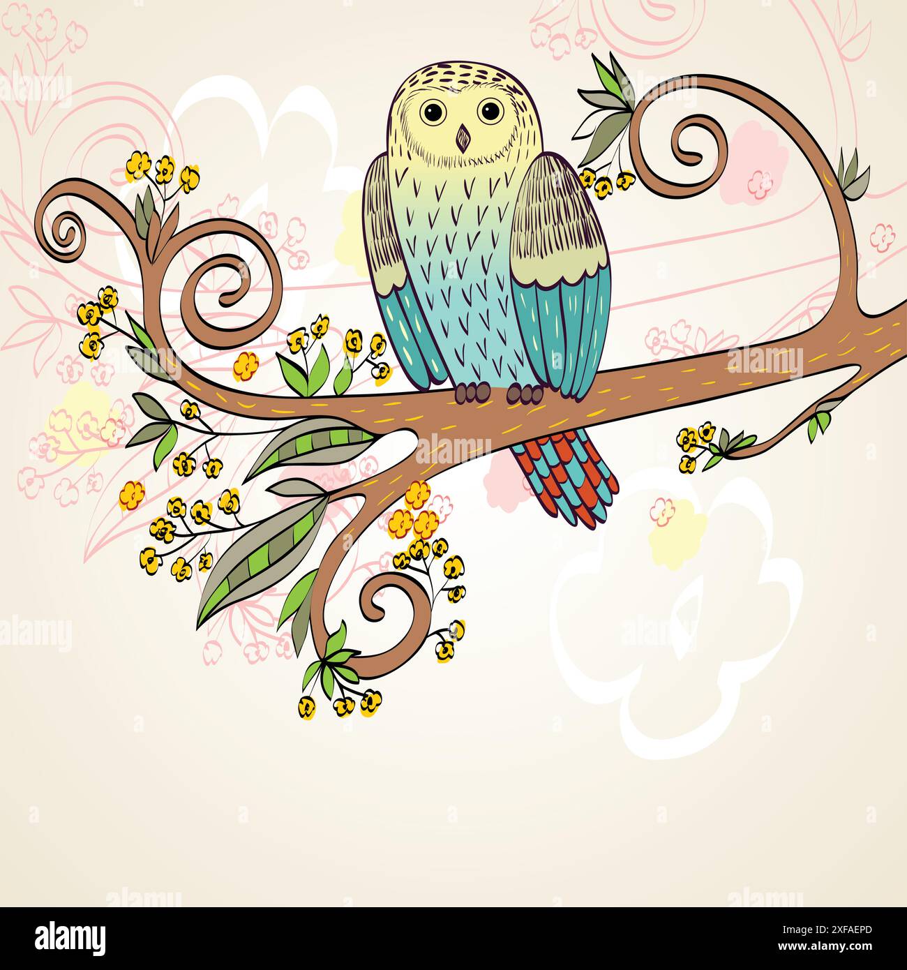 illustration with owl sitting on the branches Stock Vector Image & Art ...
