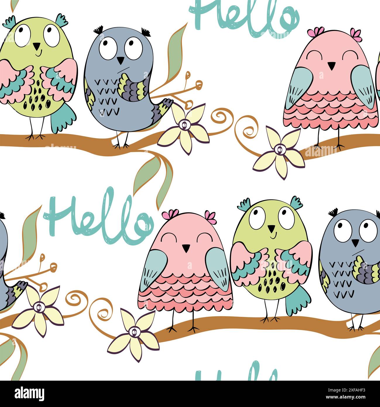 illustration with cartoon owls sitting on the branches Stock Vector ...