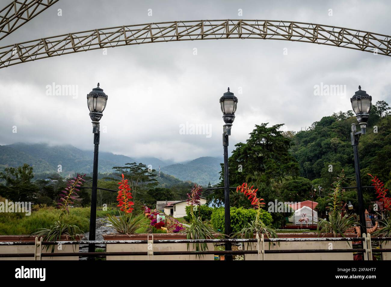 Bridge over Caldera River and view of the landscape with Baru volcano, , Boquete, a small mountain town in the Province of Chiriquí, Panama Stock Photo