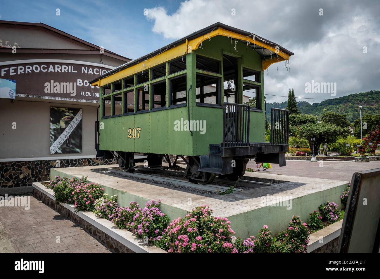 Exhibit of not used anymore train carriage, Boquete, a small mountain town in the Province of Chiriquí, Panama Stock Photo