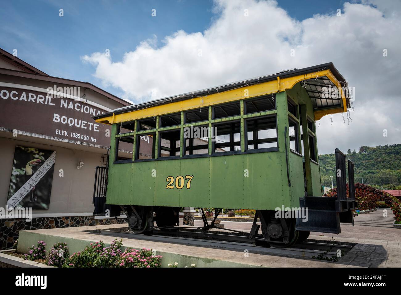 Exhibit of not used anymore train carriage, Boquete, a small mountain town in the Province of Chiriquí, Panama Stock Photo
