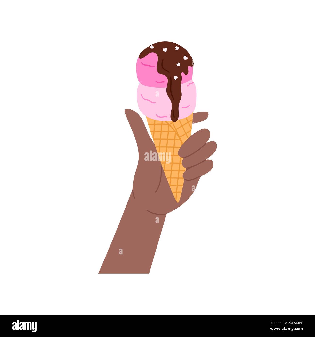 Hand holding waffle cone with soft pink ice cream scoops and chocolate ...