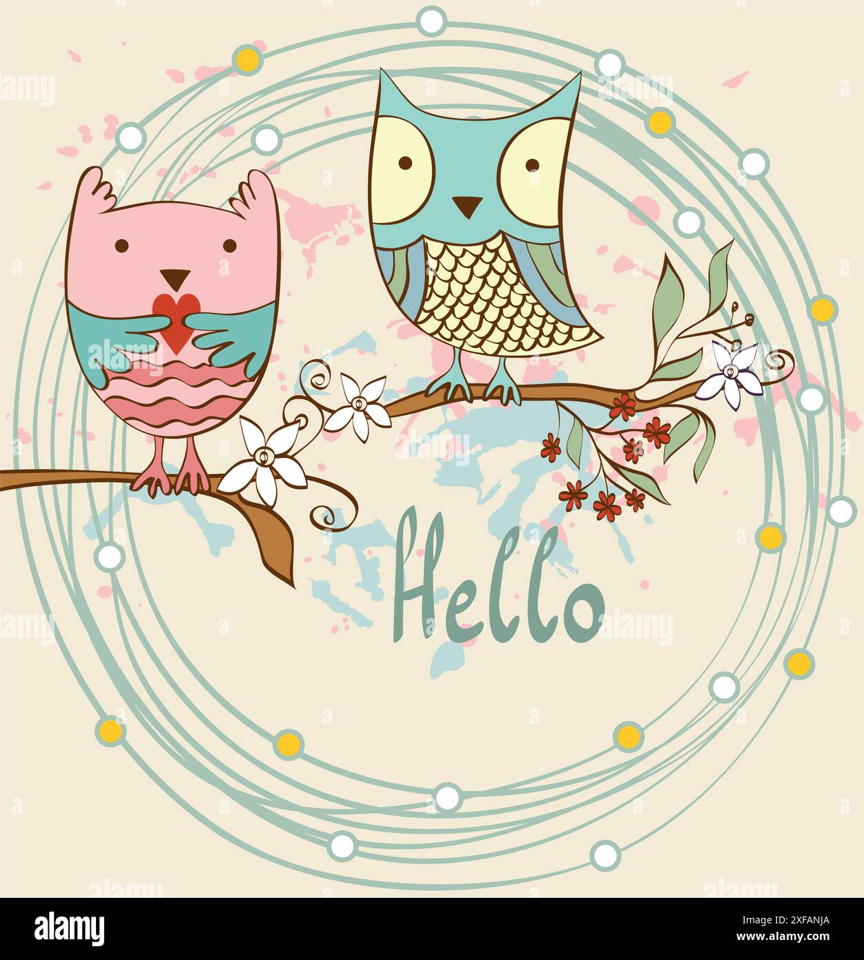 illustration with cartoon owls sitting on the branches Stock Vector ...