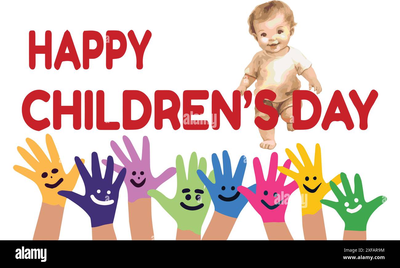 Happy Children's Day, Lot of Painted Hands Raised. Group of Multiracial ...