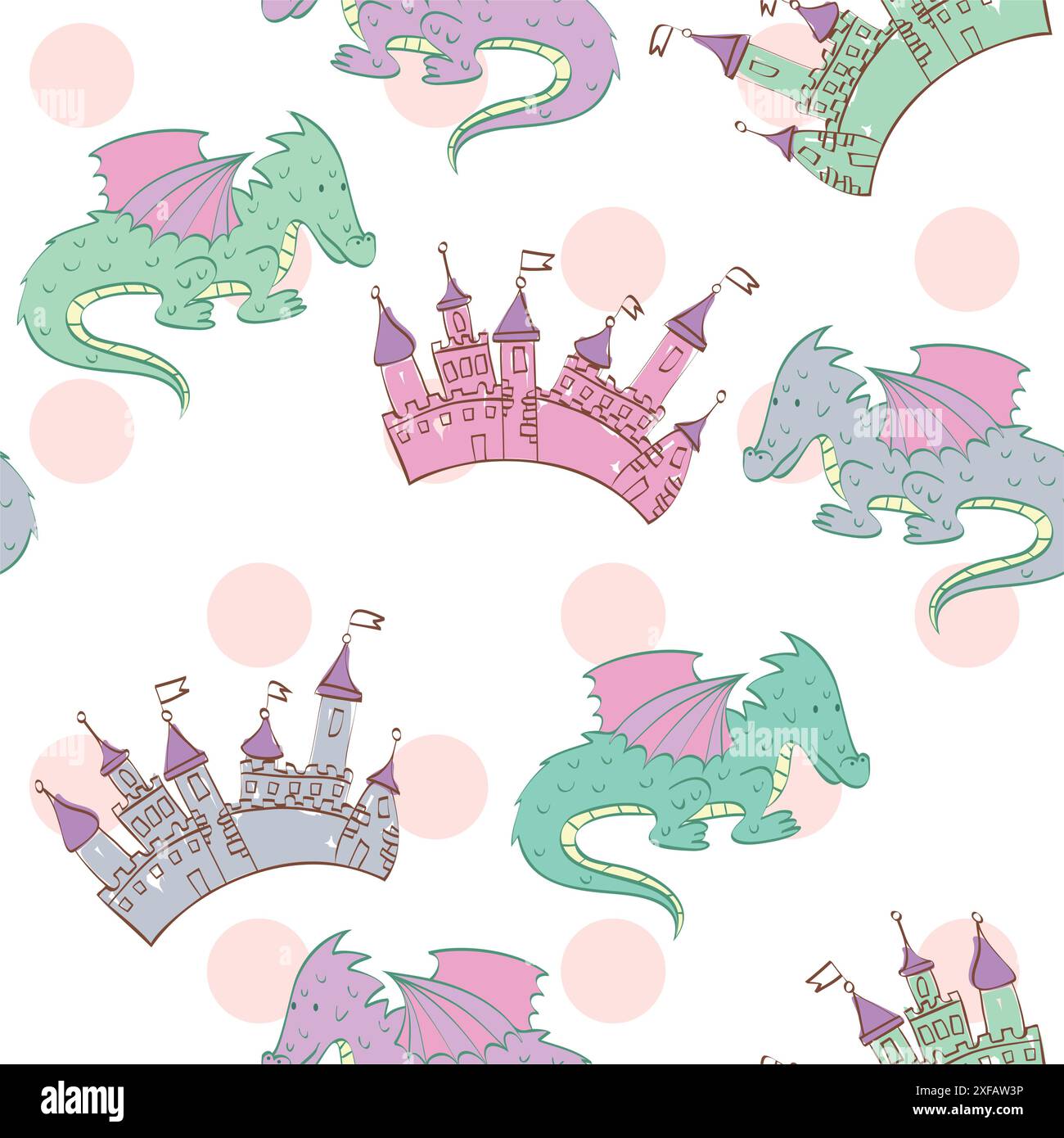 Vector background with castle and cartoon dragons. Seamless pattern can ...