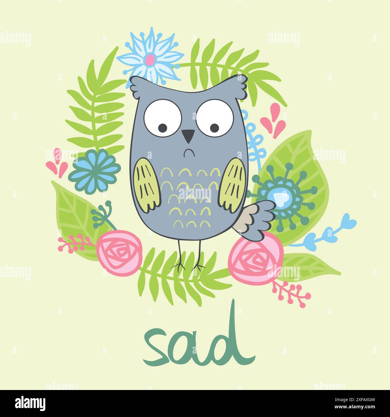 vector illustration of a cartoon sad owl. Stock Vector