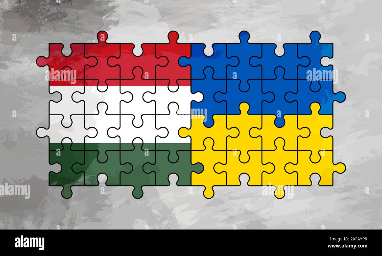 Hungarian flag and Ukrainian flag on puzzles on a gray grunge background. Stock Vector