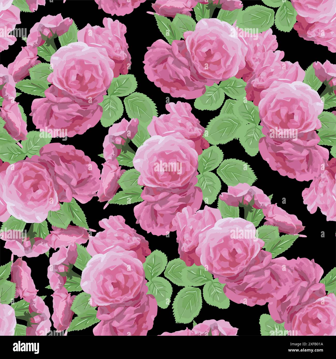 Seamless floral pattern with pink roses on black background. Vector ...