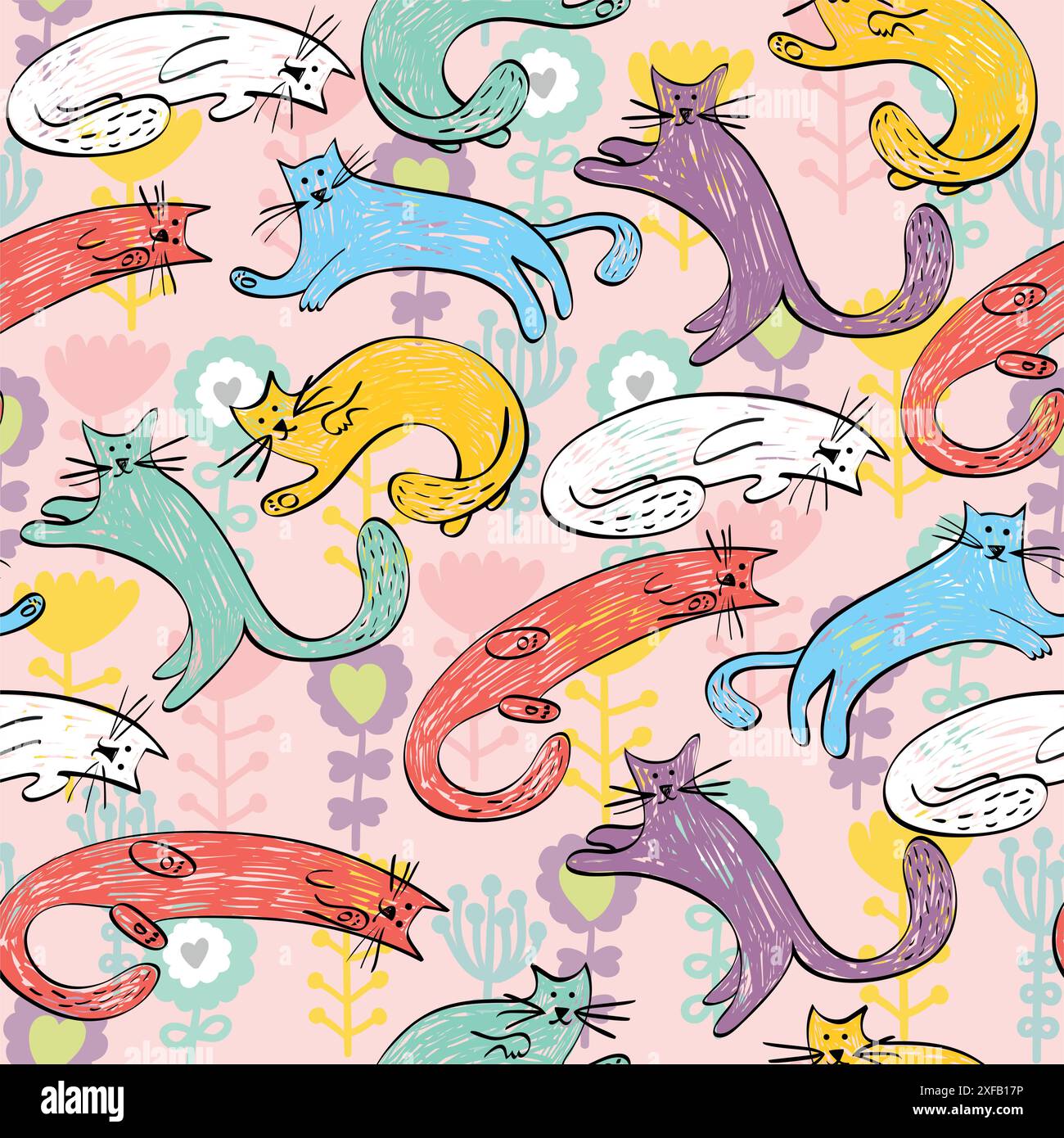 Vector hand drawn seamless pattern with cats Stock Vector Image & Art ...