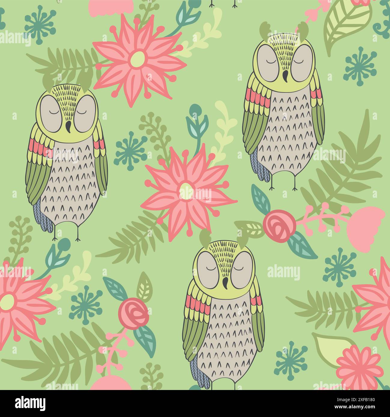 Vector seamless pattern with owls and flowers Stock Vector Image & Art ...