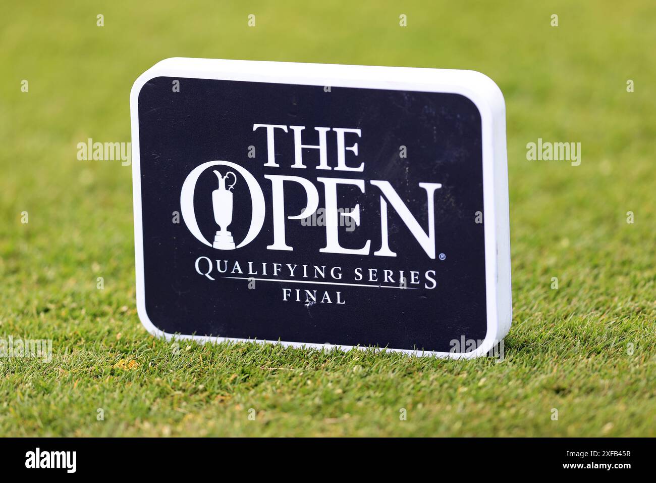 2nd July 2024; West Lancashire Golf Club, Blundellsands, Liverpool, England; Final Qualifying for The Open Golf Championship: a tee marker displaying the logo for the R&amp;A Open Final Qualifying Series Stock Photo