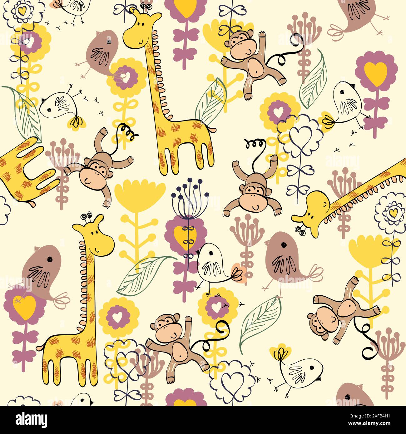 hand draw seamless pattern with giraffe and monkey Stock Vector Image ...