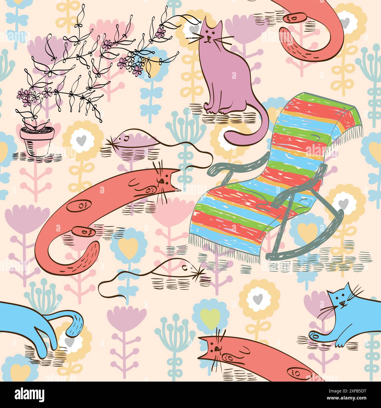 Vector hand drawn seamless pattern with cats Stock Vector Image & Art ...