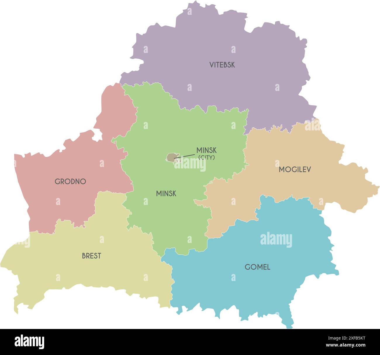 Vector map of Belarus with regions or oblasts and administrative divisions. Editable and clearly labeled layers. Stock Vector