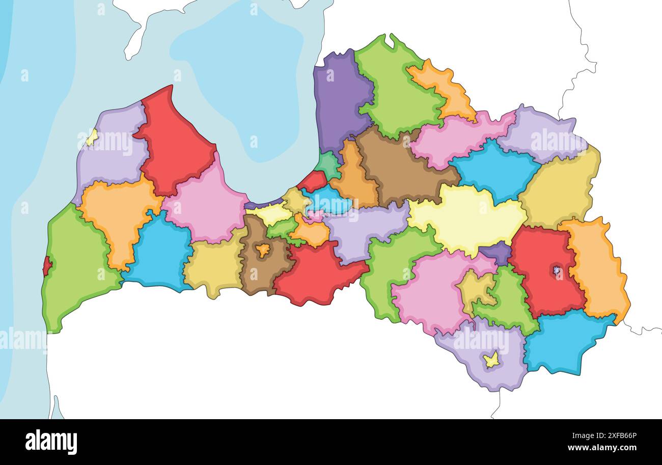 Vector illustrated regional blank map of Latvia with state cities and municipalities and administrative divisions, and neighbouring countries and terr Stock Vector