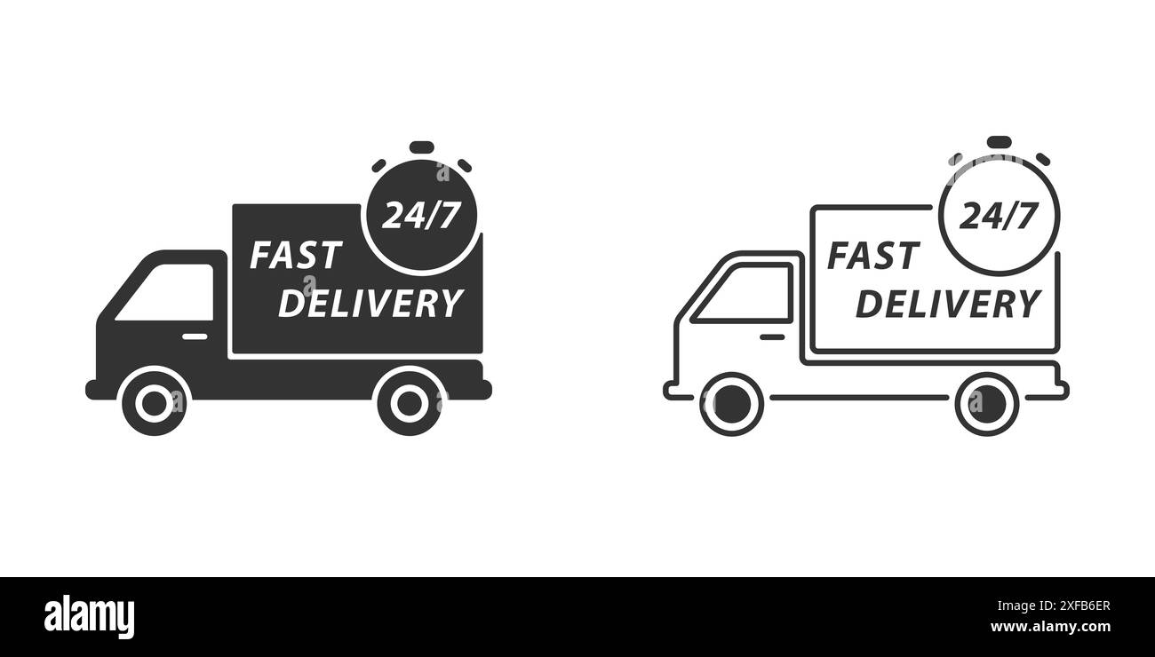 Fast delivery truck with clock icon. 24/7. Online delivery service ...