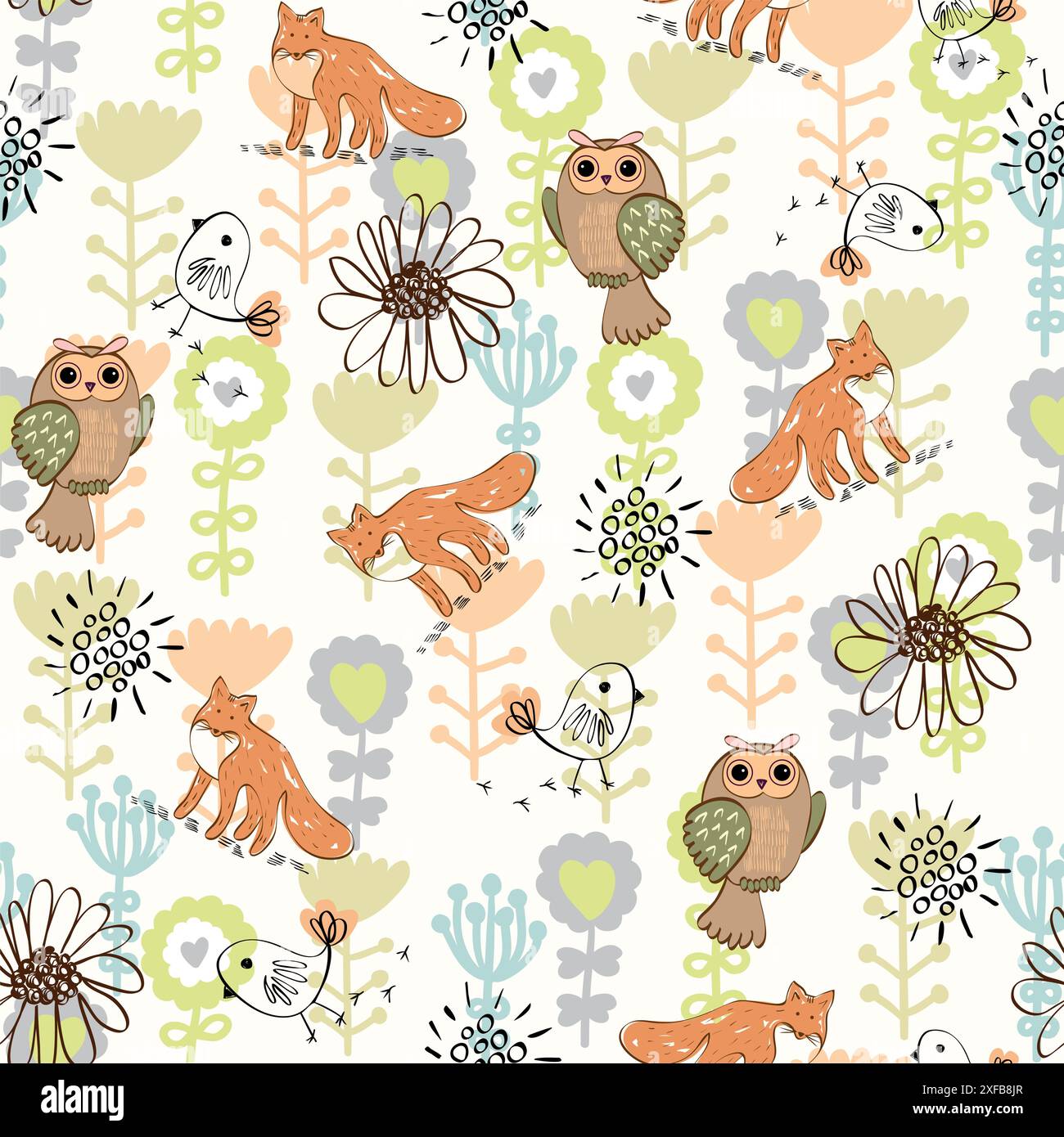 vector cute seamless pattern with fox and owl Stock Vector Image & Art ...