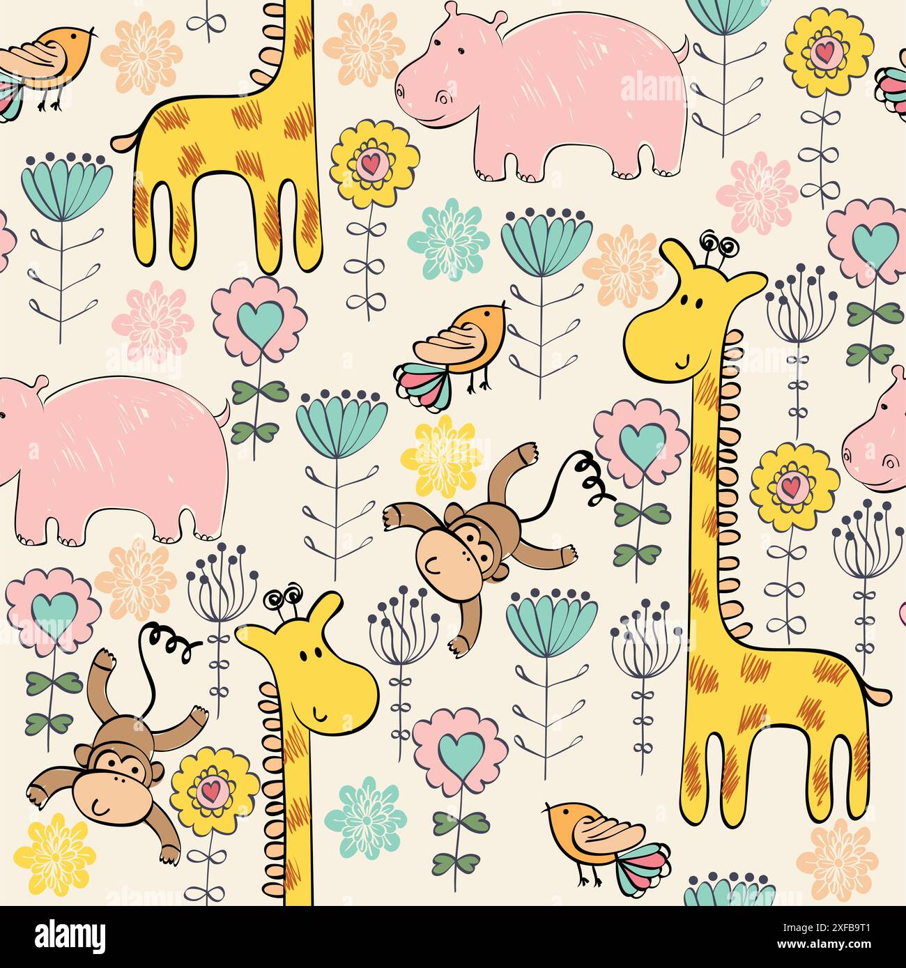 hand draw seamless pattern with giraffe and monkey Stock Vector Image ...