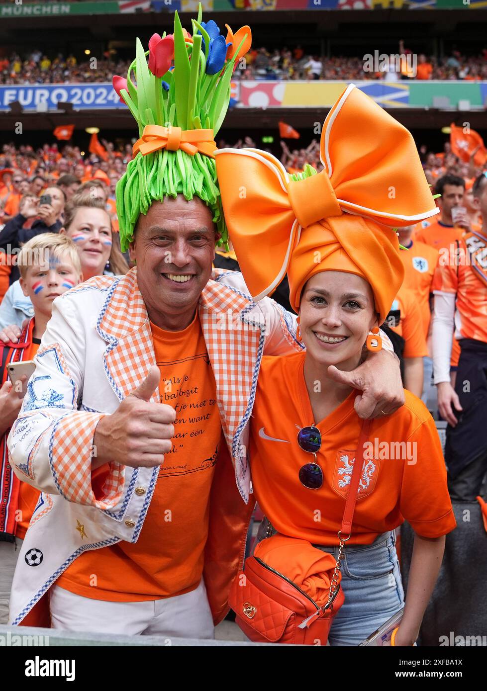 A Netherlands fan wearing a tulip hat ahead of the UEFA Euro 2024 ...