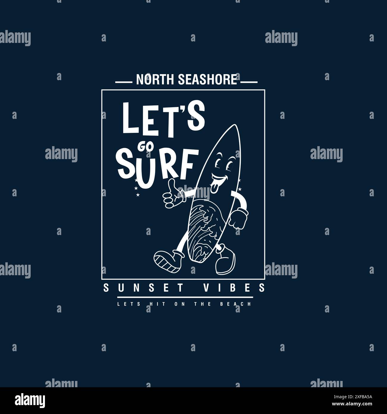 funny cartoon surf board typography summer beach graphic tee Stock Vector