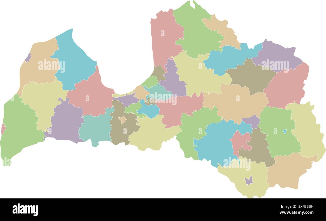 Vector regional blank map of Latvia with state cities and municipalities, and administrative divisions. Editable and clearly labeled layers. Stock Vector
